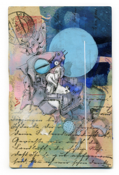 Was für ein Theater | 2024 | 14x9cm | Peer Kriesel Übermalung | Mischtechnik auf Postkarte, gerahmt